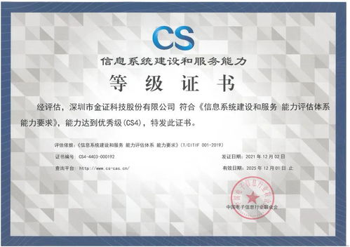 金证荣膺信息系统建设和服务能力CS4级资质认证